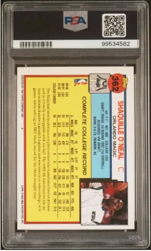 1992 TOPPS 362 SHAQUILLE O'NEAL back